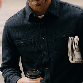 fit model showing off buttons on The Utility Shirt in Navy Sashiko, Wovens by Taylor Stitch