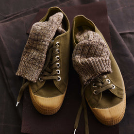 editorial image of The Camp Sock in Marled Coffee in shoes, Accessories by Taylor Stitch