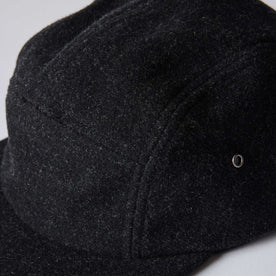 editorial close up of the fabric on The 5-Panel Cap in Heather Coal Wool Blend, Accessories by Taylor Stitch