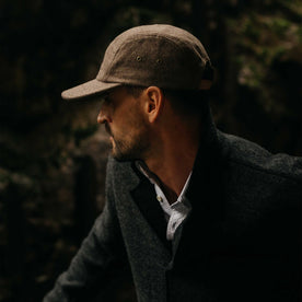 fit model showing off the side of The 5-Panel Cap in Heather Sable Wool Blend, Accessories by Taylor Stitch