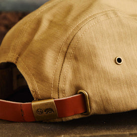 editorial image of the band on The 5-Panel Cap in Khaki Reverse Sateen, Accessories by Taylor Stitch