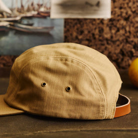 editorial image of the side of The 5-Panel Cap in Khaki Reverse Sateen, Accessories by Taylor Stitch