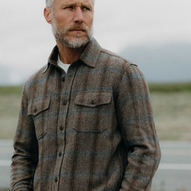 fit model showing off The CPO Shirt in Dark Brick Plaid Wool, Wovens by Taylor Stitch