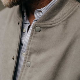 fit model showing off the buttons on The Campus Jacket in Grey Moleskin, Outerwear by Taylor Stitch