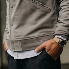 fit model showing off the bottom hem on The Campus Jacket in Grey Moleskin, Outerwear by Taylor Stitch