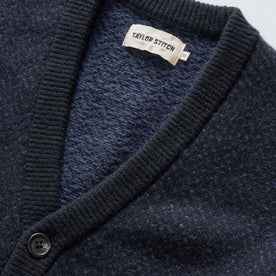 material shot of the neck on The Eddy Cardigan in Heather Marine Herringbone, Knits by Taylor Stitch