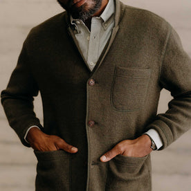 fit model with his hands in his pockets wearing The Evans Blazer in Forest Birdseye Wool, Outerwear by Taylor Stitch