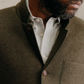 fit model showing off the collar on The Evans Blazer in Forest Birdseye Wool, Outerwear by Taylor Stitch