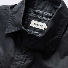 material shot of the collar on The Fender Jacket in Coal Dry Wax, Outerwear by Taylor Stitch