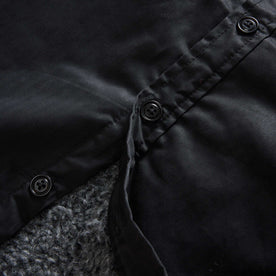 material shot of the buttons on The Fender Jacket in Coal Dry Wax, Outerwear by Taylor Stitch