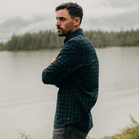 fit model posing in The Jack in Blackwatch Plaid, Wovens by Taylor Stitch