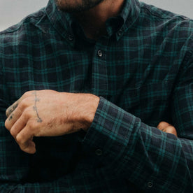 fit model showing off cuffs on The Jack in Blackwatch Plaid, Wovens by Taylor Stitch