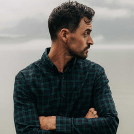 fit model with his arms crossed wearing The Jack in Blackwatch Plaid, Wovens by Taylor Stitch