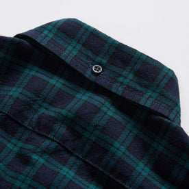 material shot of the back button on the collar on The Jack in Blackwatch Plaid, Wovens by Taylor Stitch