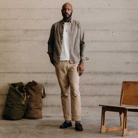 fit model standing wearing The Jack in Smoked Olive Oxford, Wovens by Taylor Stitch