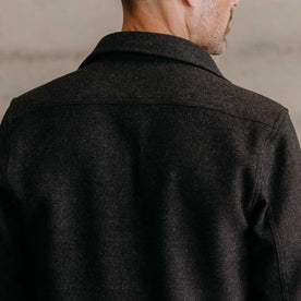 fit model showing off the back of The Maritime Shirt Jacket in Heather Charcoal, Wovens by Taylor Stitch