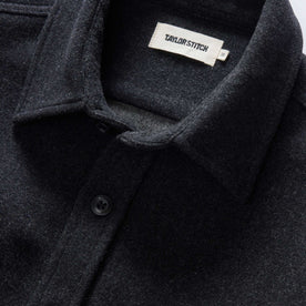 material shot of the collar of The Maritime Shirt Jacket in Heather Charcoal, Wovens by Taylor Stitch