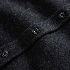 material shot of the buttons on The Maritime Shirt Jacket in Heather Charcoal, Wovens by Taylor Stitch