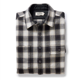 folded flatlay of The Moto Utility Shirt in White Smoke Plaid, Wovens by Taylor Stitch