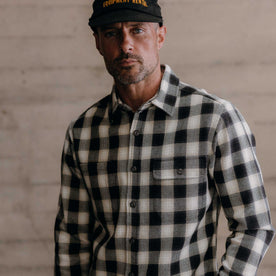 fit model showing off The Moto Utility Shirt in White Smoke Plaid, Wovens by Taylor Stitch