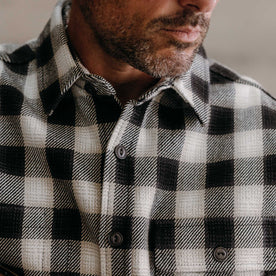 fit model showing off the collar on The Moto Utility Shirt in White Smoke Plaid, Wovens by Taylor Stitch