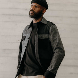 fit model posing in The Patchwork Overshirt in Ash Tweed, Outerwear by Taylor Stitch