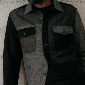 fit model showing off texture on The Patchwork Overshirt in Ash Tweed, Outerwear by Taylor Stitch