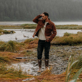 fit model showing off The Ranger Shirt in Tarnished Copper Blanket Stripe, Wovens by Taylor Stitch