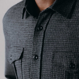 fit model showing off the buttons on The Saddler Shirt in Ash Check Wool, Wovens by Taylor Stitch