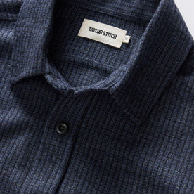 material shot of the collar on The Saddler Shirt in Midnight Check Wool, Wovens by Taylor Stitch