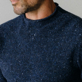 fit model showing off the collar on The Seafarer Sweater in Atlantic Blue Donegal, Knits by Taylor Stitch