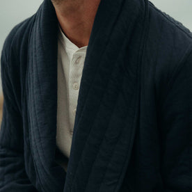 fit model showing off shawl collar on The Shawl Robe in Heather Midnight Quilted Jersey, Accessories by Taylor Stitch