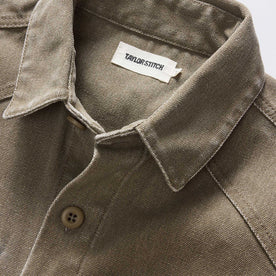 material shot of the collar on The Shop Shirt in Stone Chipped Canvas, Wovens by Taylor Stitch