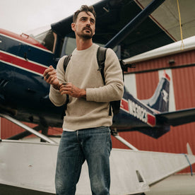 fit model walking wearing The Sidecountry Crew in Heather Fog Merino Waffle, Knits by Taylor Stitch