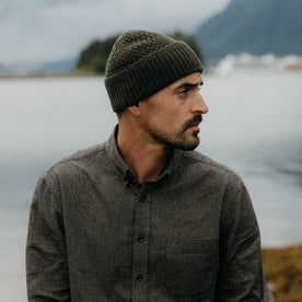 fit model showing off the side of The Textured Knit Beanie in Heather Loden Merino, Accessories by Taylor Stitch