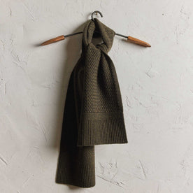 editorial image of The Textured Knit Scarf in Heather Loden Merino hanging, Accessories by Taylor Stitch