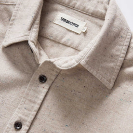 material shot of the collar on The Yosemite Shirt in Oat Donegal, Wovens by Taylor Stitch