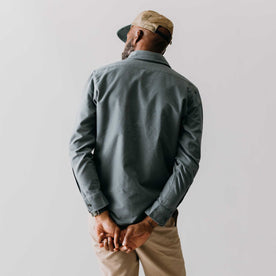 fit model showing off the back of The Yosemite Shirt in Slate, Wovens by Taylor Stitch