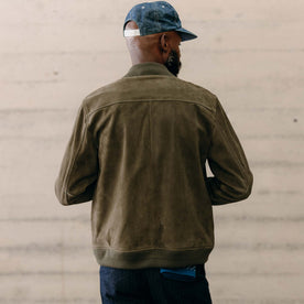 fit model showing off the back of The Bomber Jacket in Army Suede, Outerwear by Taylor Stitch