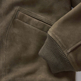 material shot o the sleeve on The Bomber Jacket in Army Suede, Outerwear by Taylor Stitch