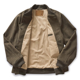 flatlay of the inside lining on The Bomber Jacket in Army Suede, Outerwear by Taylor Stitch