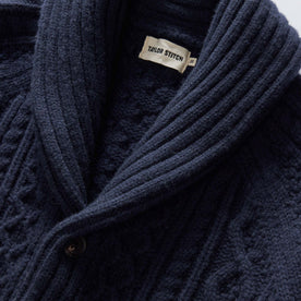 material shot of the collar on The Cascade Shawl Cardigan in Heather Marine, Knits by Taylor Stitch