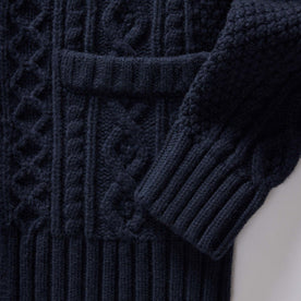 material shot of the sleeves on The Cascade Shawl Cardigan in Heather Marine, Knits by Taylor Stitch