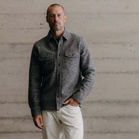 fit model with his hand in his pocket wearing The Connor Overshirt in Heather Ash Boucle, Wovens by Taylor Stitch