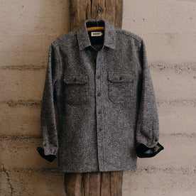 editorial image of The Connor Overshirt in Heather Ash Boucle hanging, Wovens by Taylor Stitch