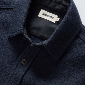 material shot of the collar on The Connor Overshirt in Dark Navy Boucle, Wovens by Taylor Stitch