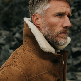 fit model showing off the collar on The High Plains Coat in Walnut Shearling, Outerwear by Taylor Stitch