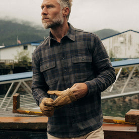 fit model posing in The Ledge Shirt in Heather Granite Plaid, Wovens by Taylor Stitch