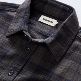 material shot of the collar on The Ledge Shirt in Heather Granite Plaid, Wovens by Taylor Stitch