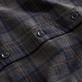 material shot of the buttons on The Ledge Shirt in Heather Granite Plaid, Wovens by Taylor Stitch